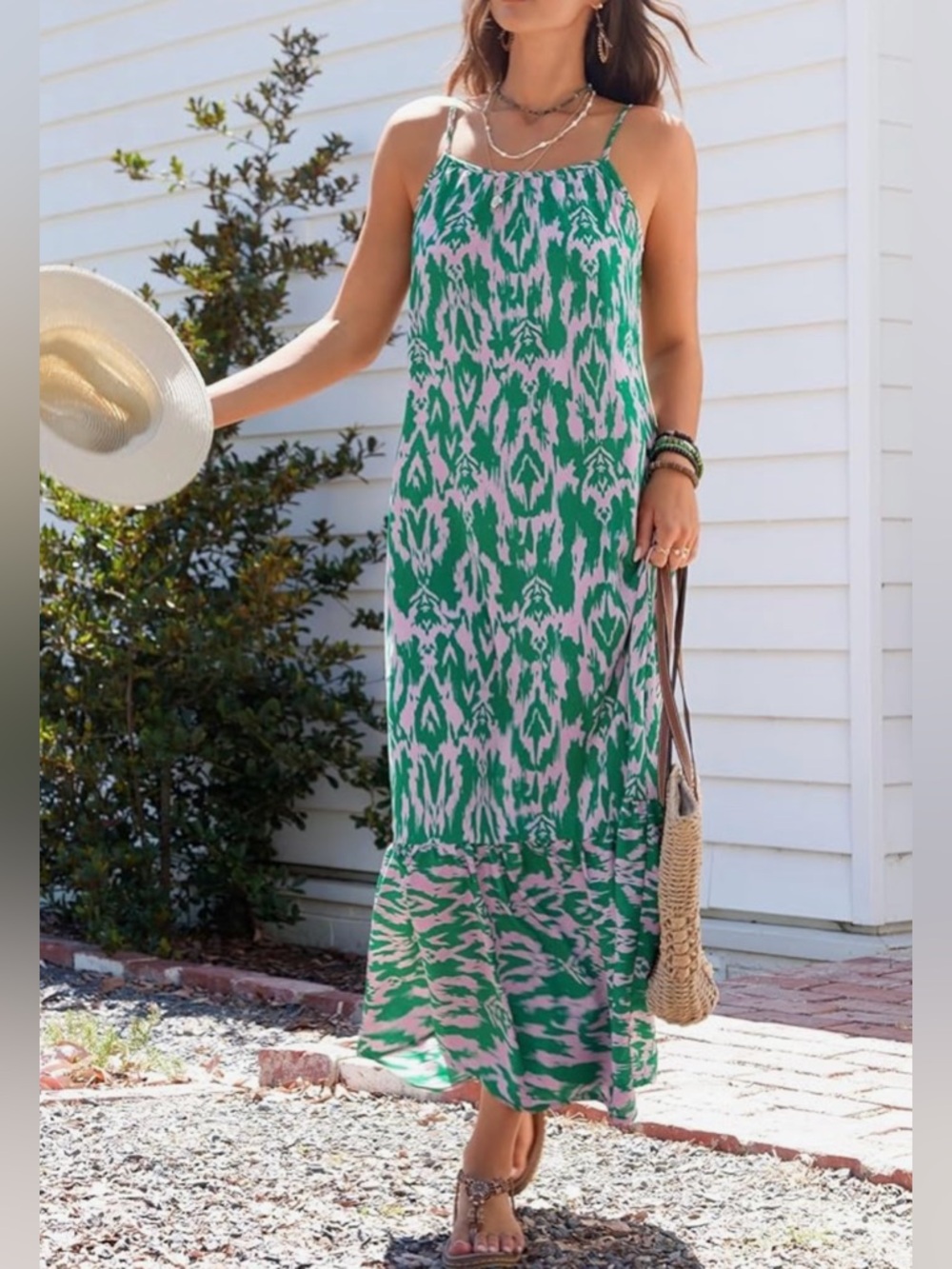 Dokotoo Green & Pink Ikat Print Maxi Dress | Size L | NWOT